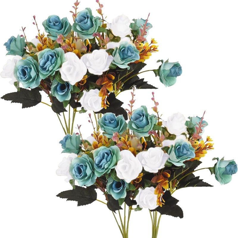 MOOMASS 4 Bunches of Artificial Roses. 48 Small Roses. Plastic Silk Flower .Suitable for Plant Decoration of Family Hotel Wedding Christmas.ï¼ˆPeacock Blueï¼‰ - Image 1